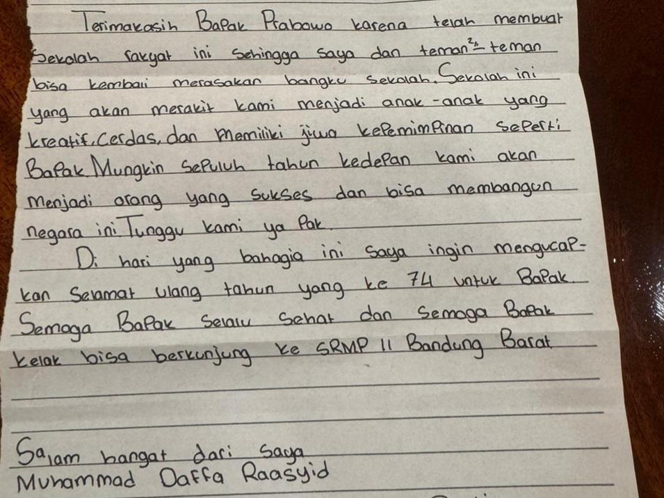 Surat Harapan Daffa untuk Presiden Prabowo