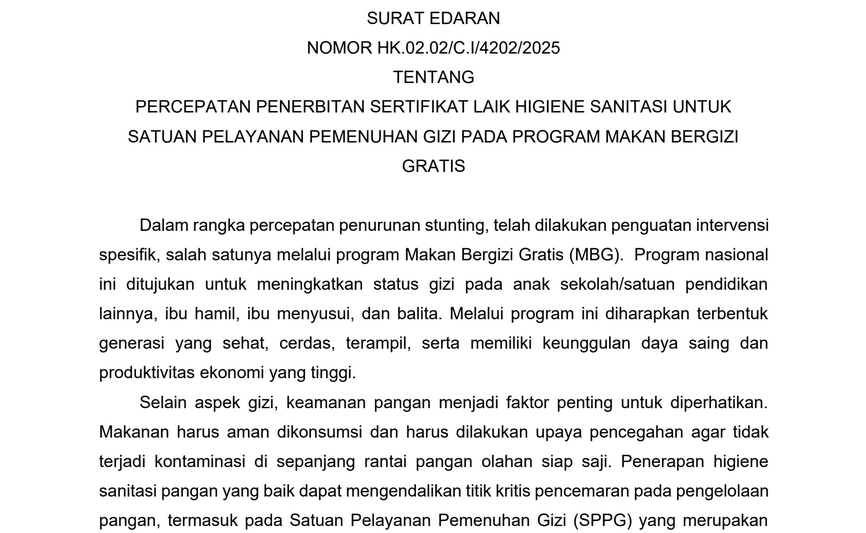 Kemenkes Percepat Sertifikat Laik Higiene Sanitasi Dapur MBG